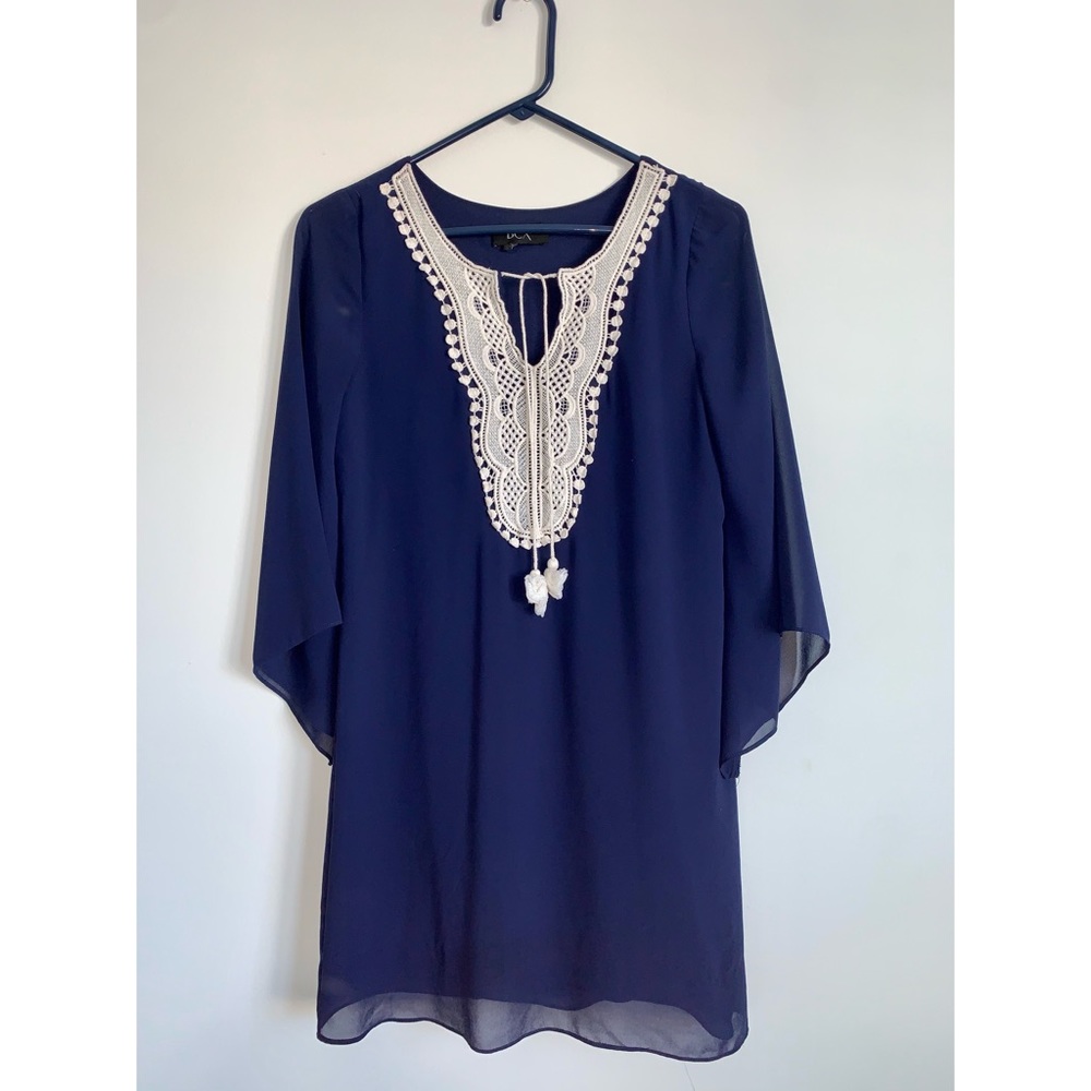 Navy Chiffon Loose Fit Long Sleeve Dress
